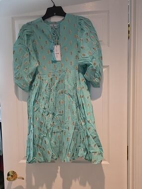 Girls' Mint Puff Sleeve Dress with Gold Bee Motif